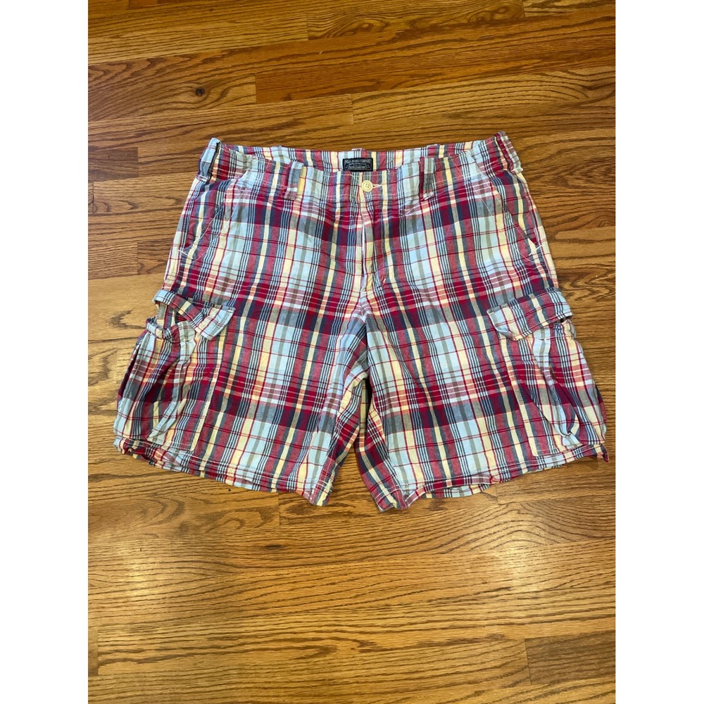 Polo Jeans Company Men's Cargo Shorts 38 Red Plaid Cotton Relaxed Fit 10" Inseam